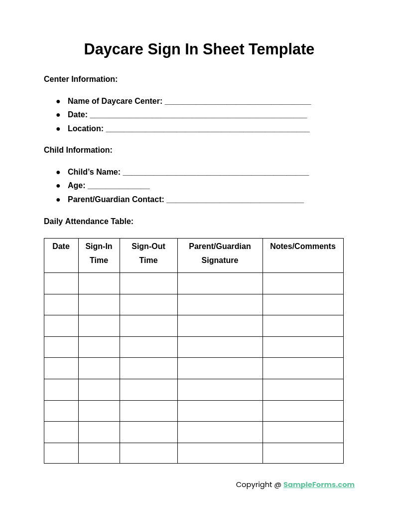 FREE 10 Daycare Sign In Sheet Samples PDF MS Word Google Docs