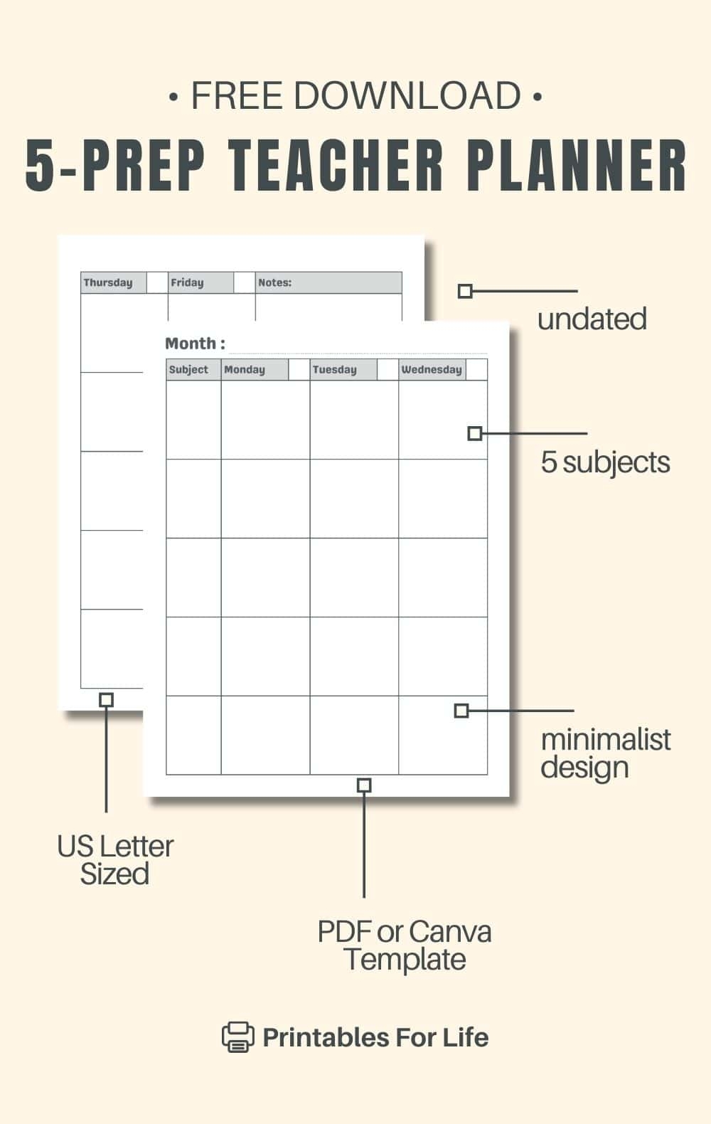 Free 5 Subject Teacher Lesson Plan Template