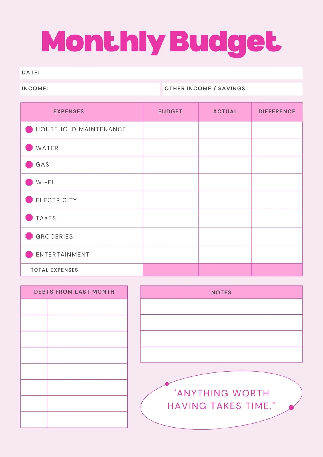 Monthly Printable Budget Planner
