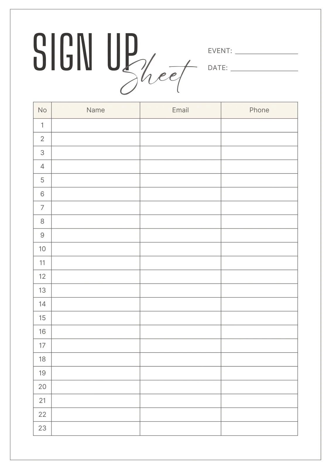 Printable Sign In Sheet Club