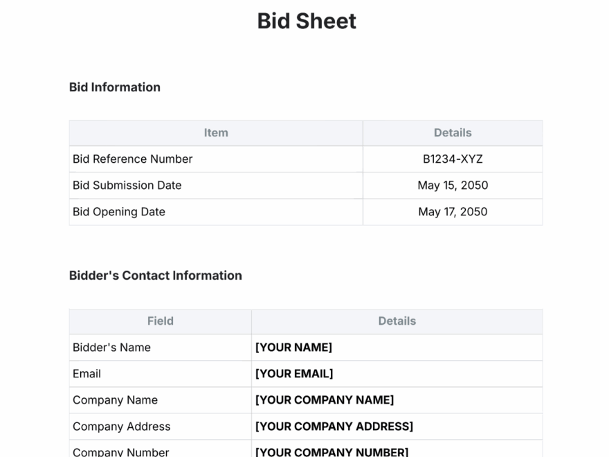 Free Bid Sheet Templates Editable And Printable