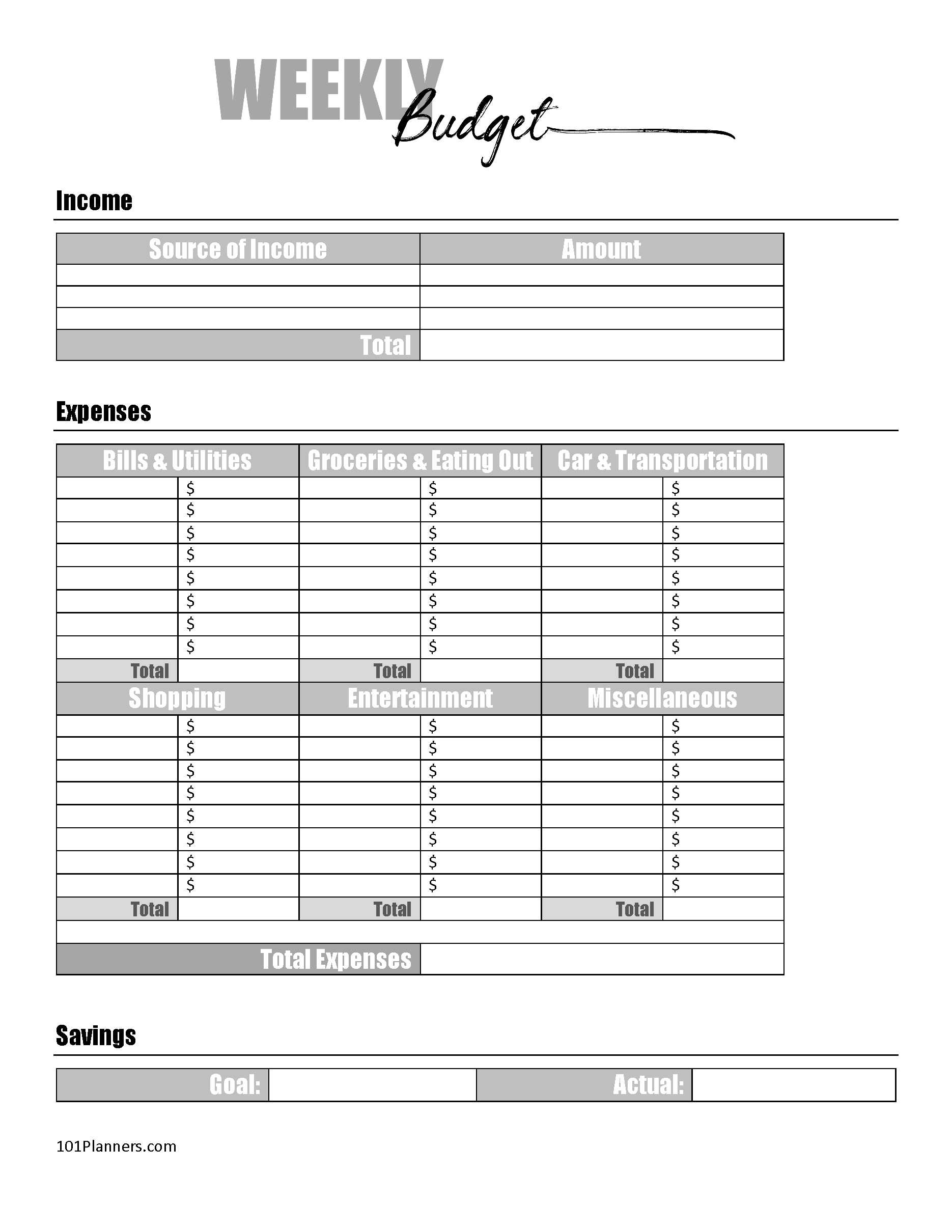 Free Writable And Printable Budget Sheets