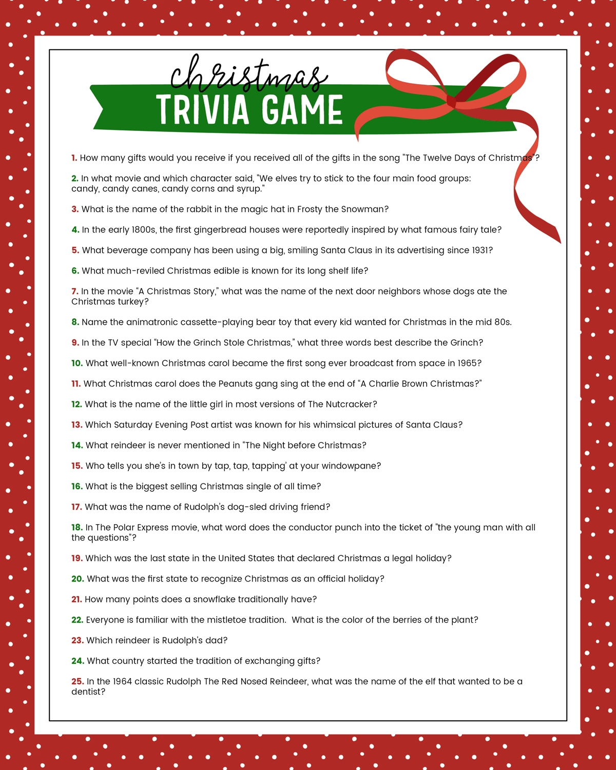 Fun Christmas Trivia Printable Fun Christmas Trivia Printable