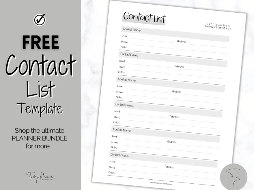 FREE Contact List Printable Template Address Book Contact Log Mono