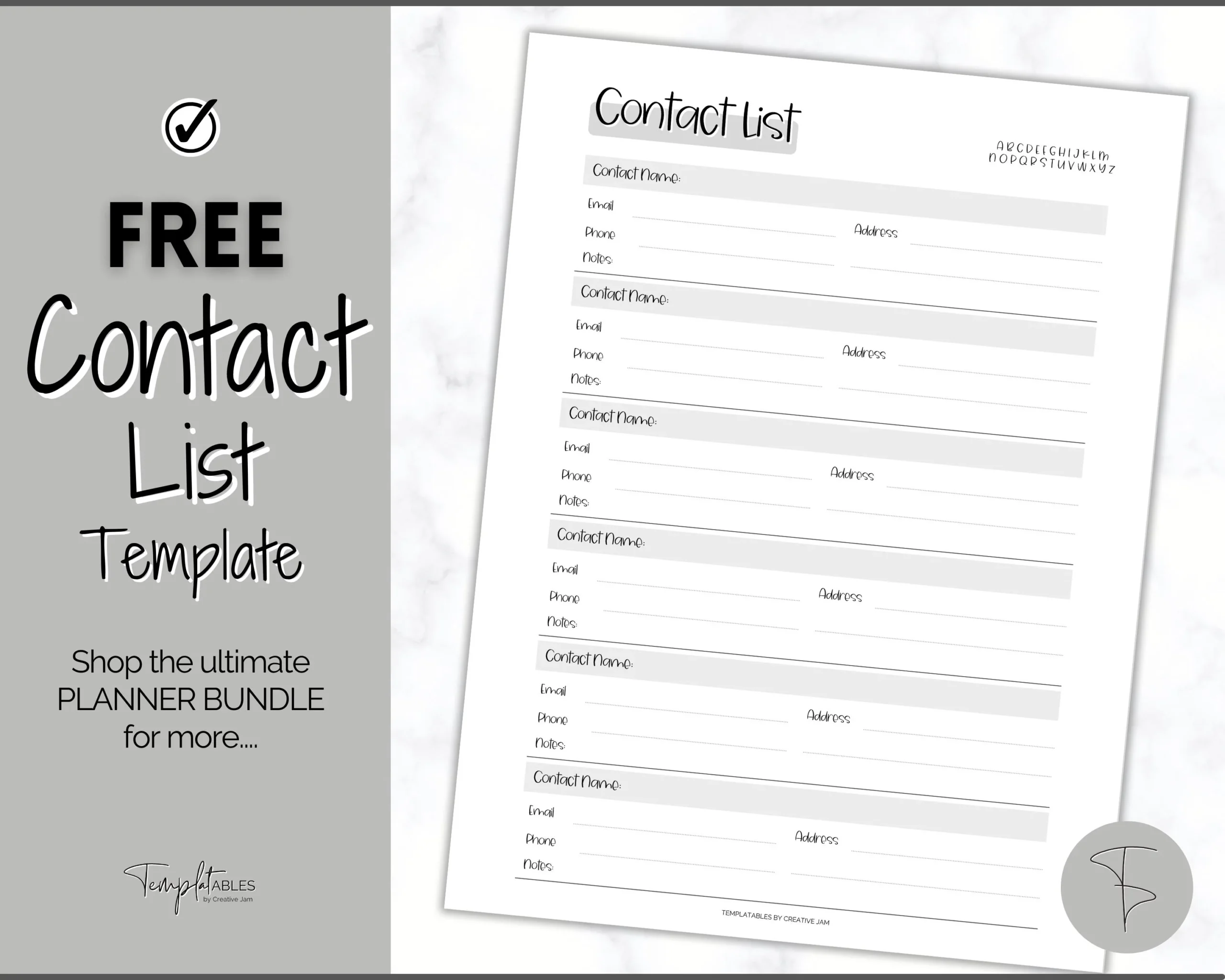 FREE Contact List Printable Template Address Book Contact Log Mono