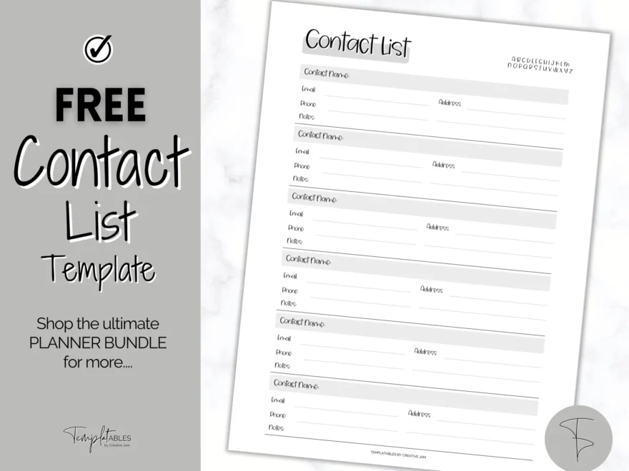 FREE Contact List Printable Template Address Book Contact Log Mono