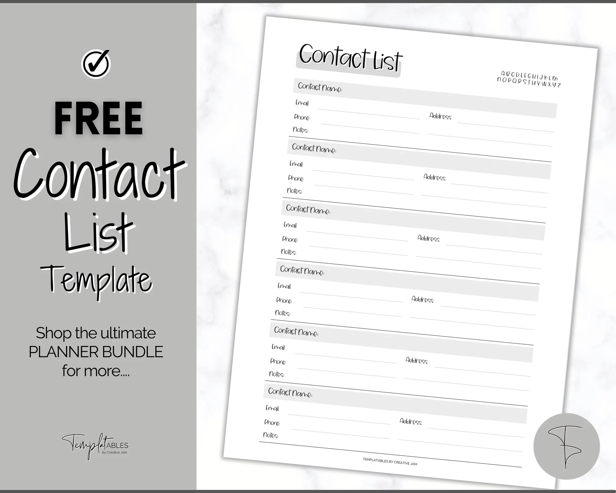FREE Contact List Printable Template Address Book Contact Log Mono