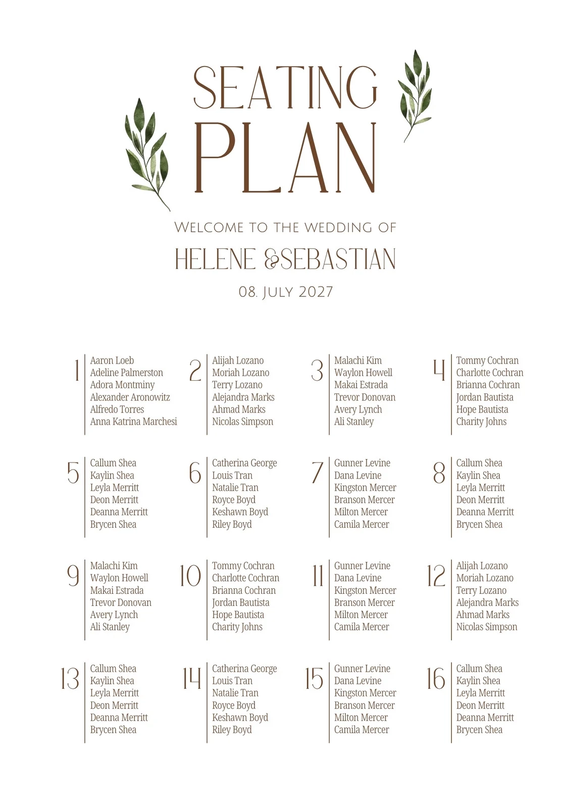 Free Printable Wedding Table Seating Chart