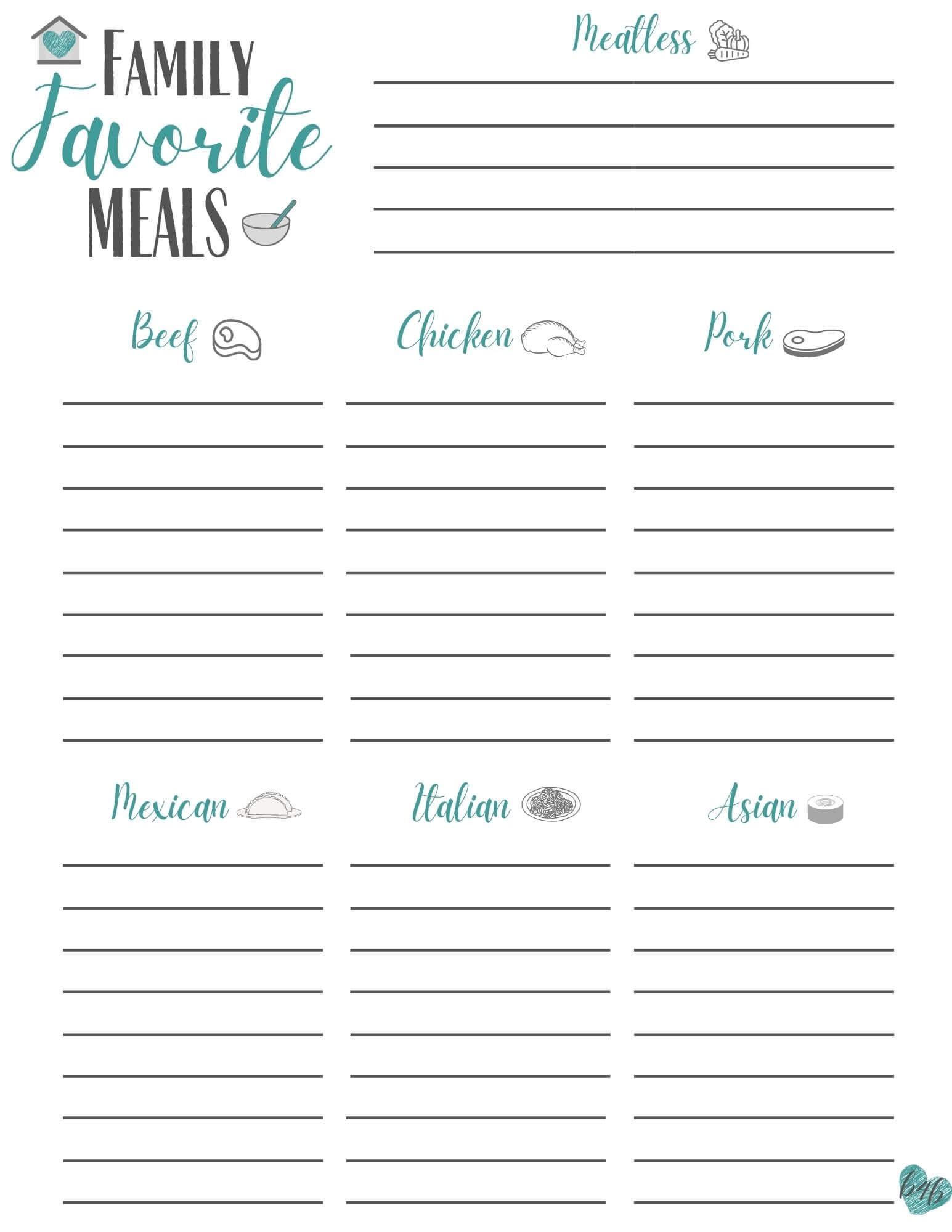 Free Printable List Of Dinners Family