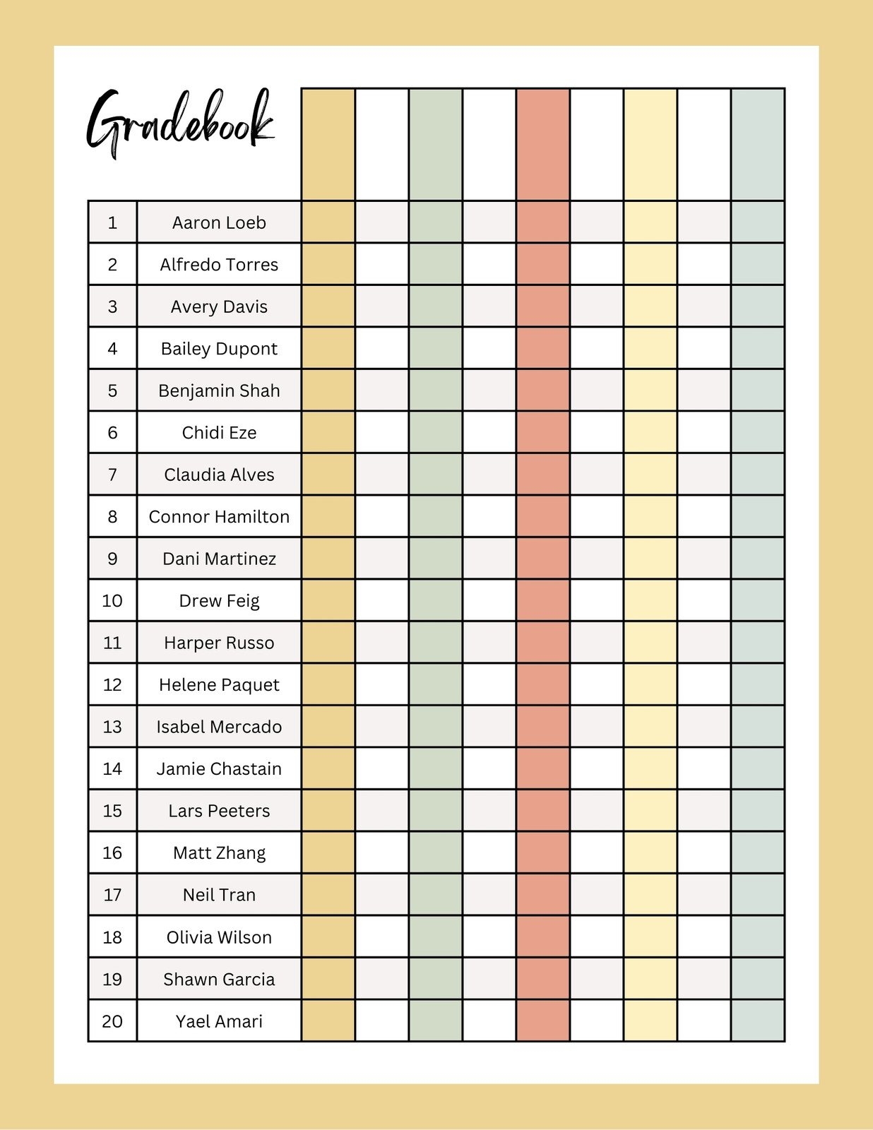 Teacher Grade Chart Printable
