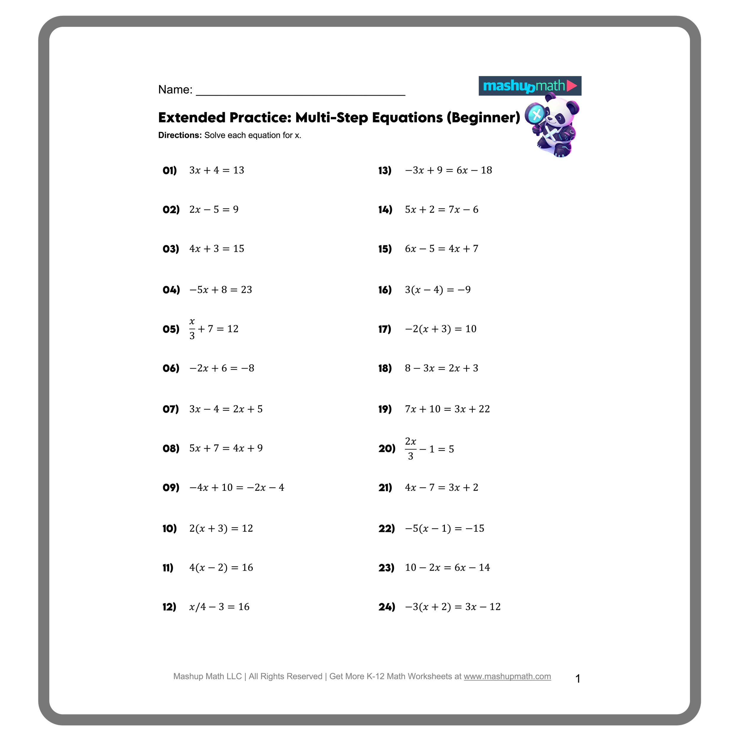 Free Multi Step Equations Worksheets Mashup Math