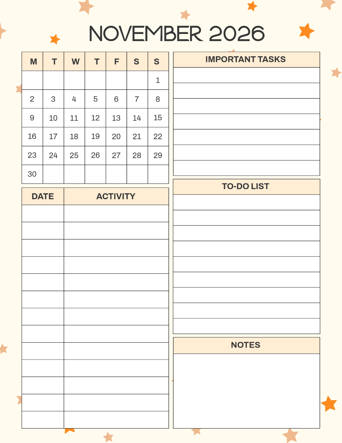 Free November 2026 Daily Calendar Planner Template To Edit Online