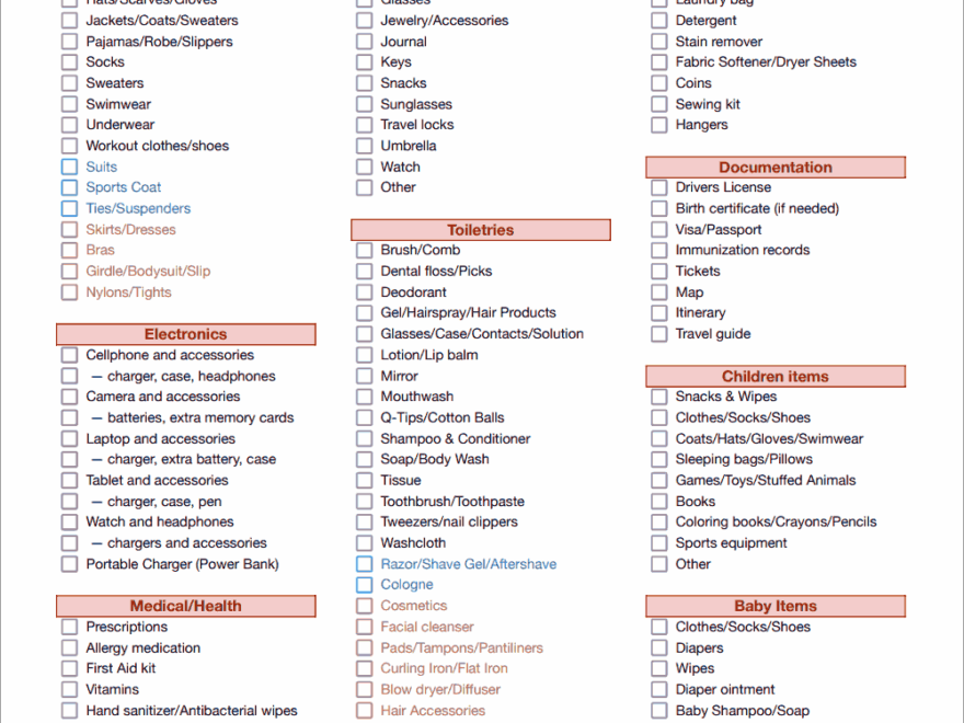 Free Packing List Template For Vacation Travel Or College