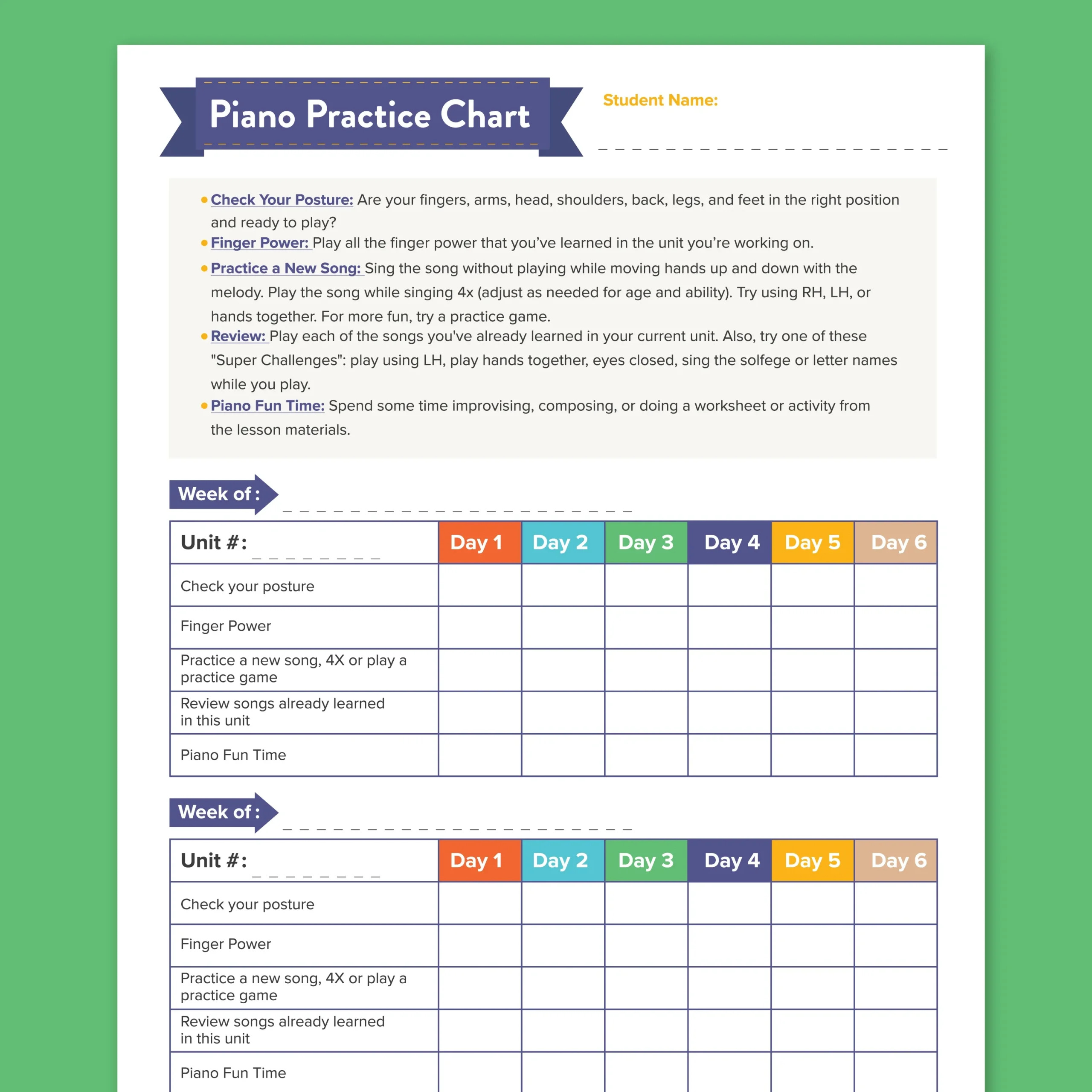 Free Piano Practice Chart Printable PDF Download