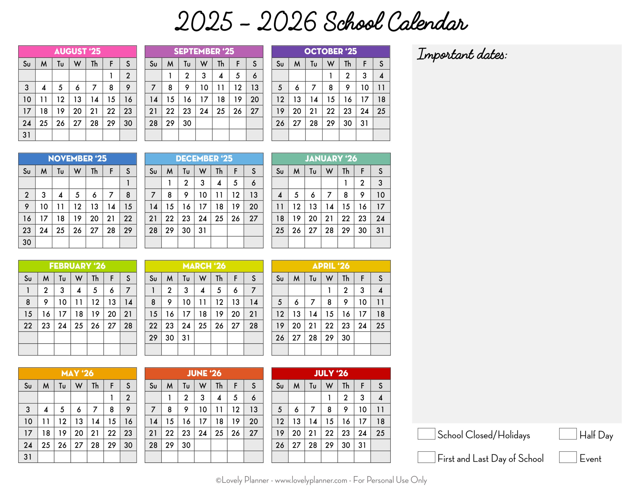 Free Printable 2025 2026 School Calendar One Page Academic Calendar Lovely Planner