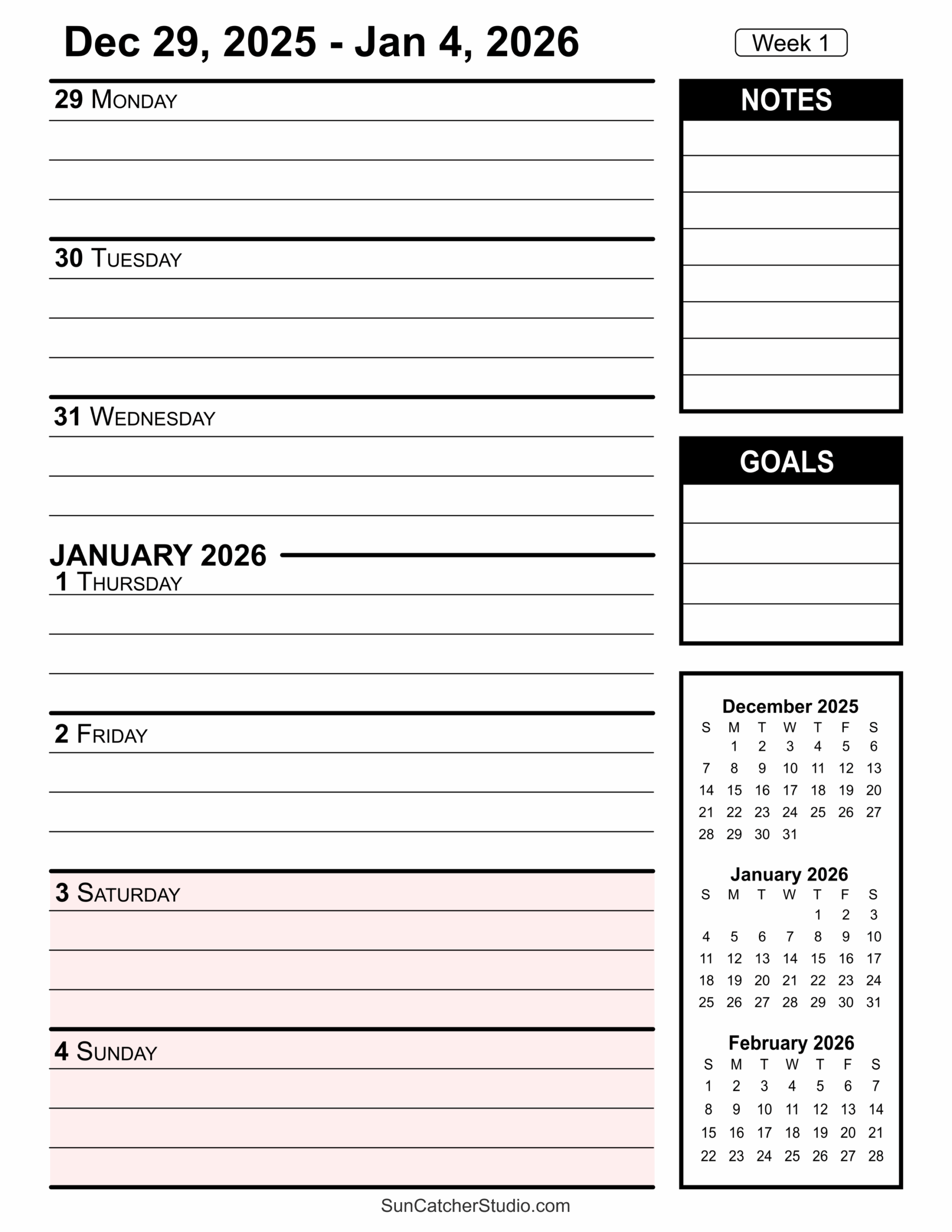 Printable Weekly Planner Calendar 2026
