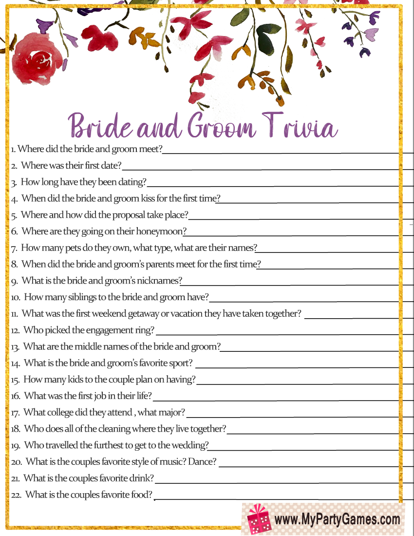 Free Printable Bride And Groom Trivia Quiz For Bridal Shower Free Printable Bride And Groom Trivia Quiz For Bridal Shower