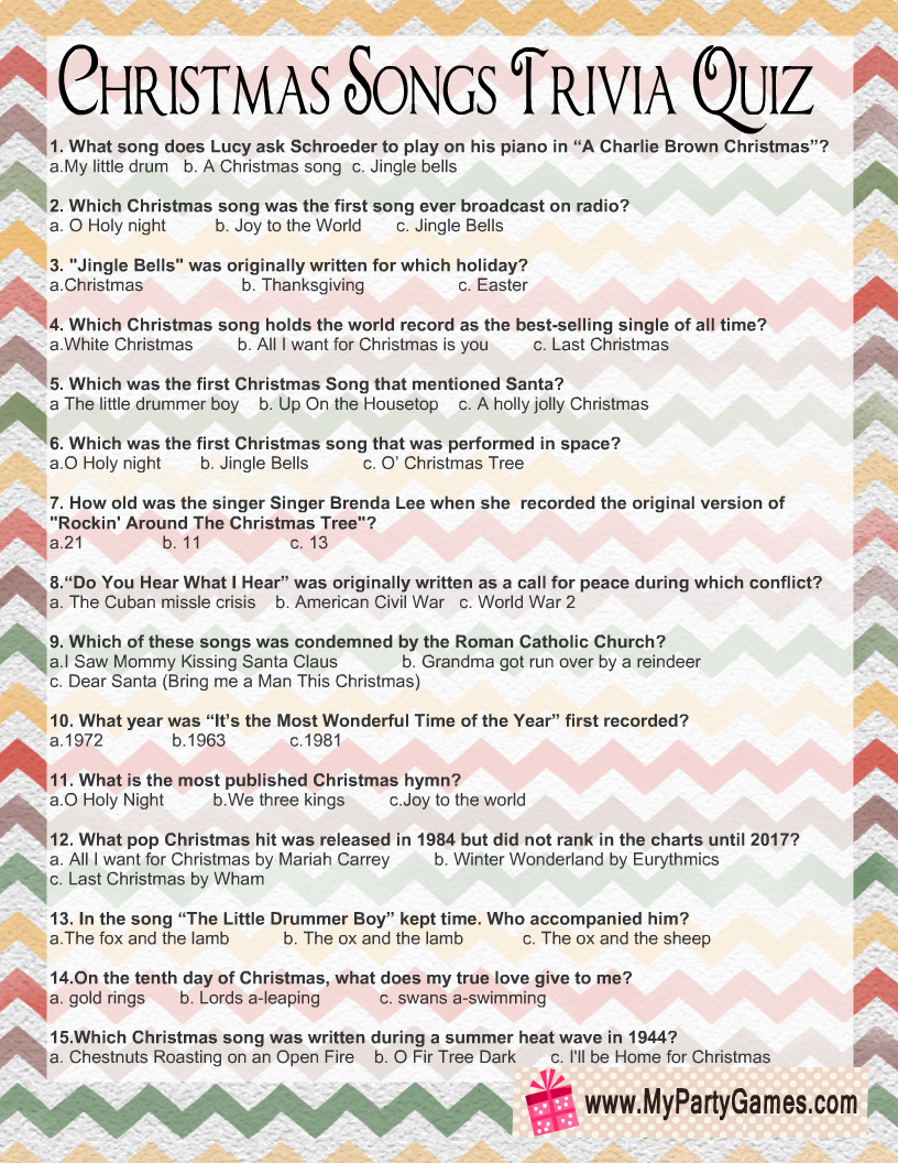 Christmas Song Trivia Printable With Answers