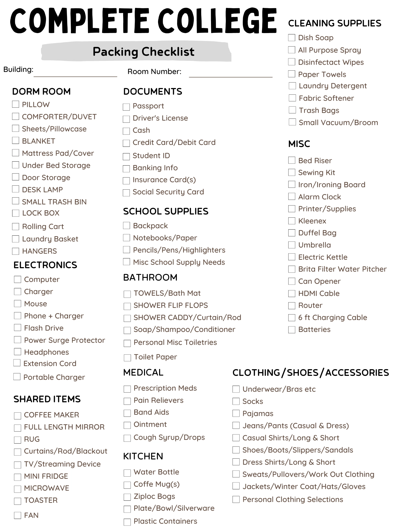 College Dorm List Printable College Dorm List Printable