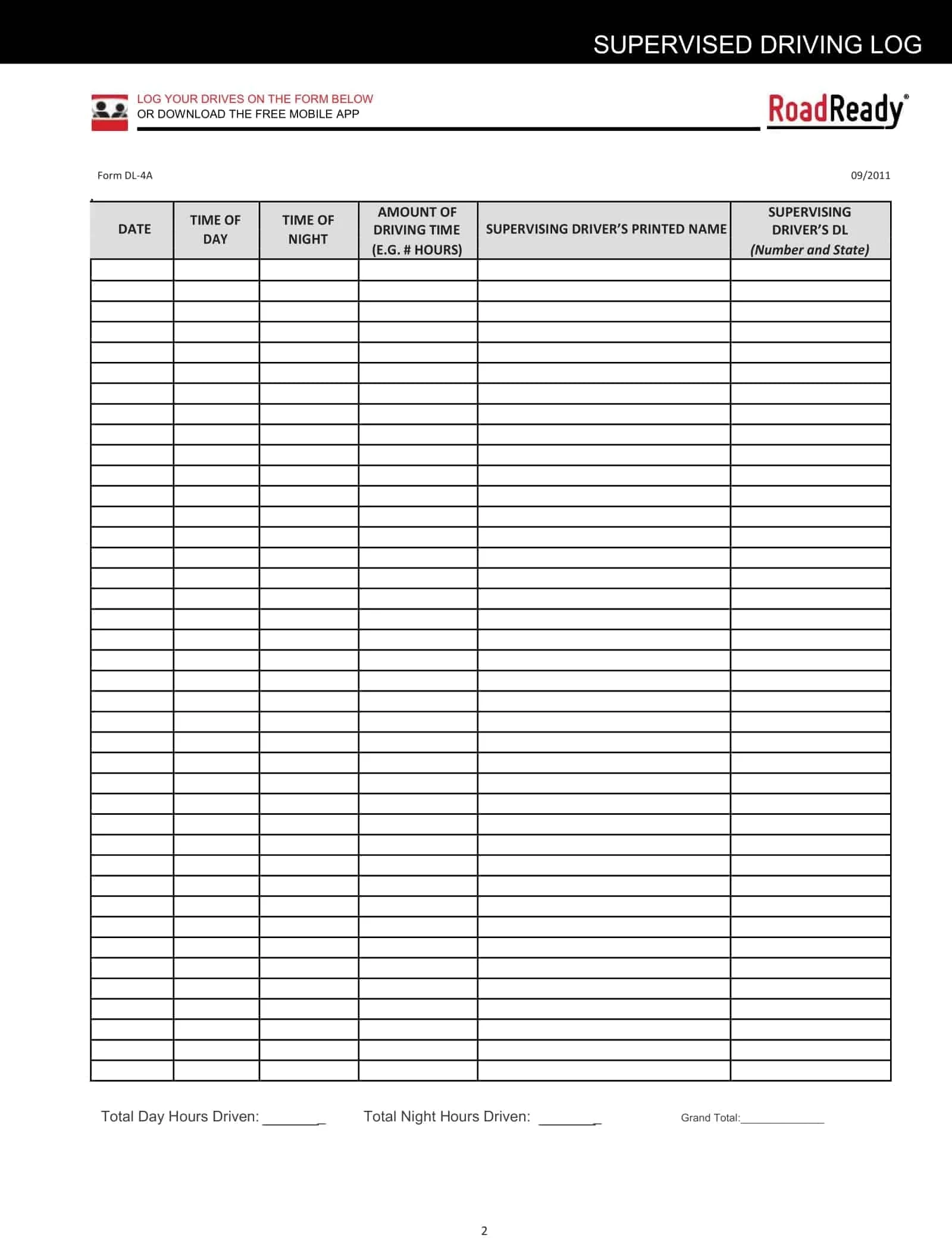 Printable Driver Log Sheet