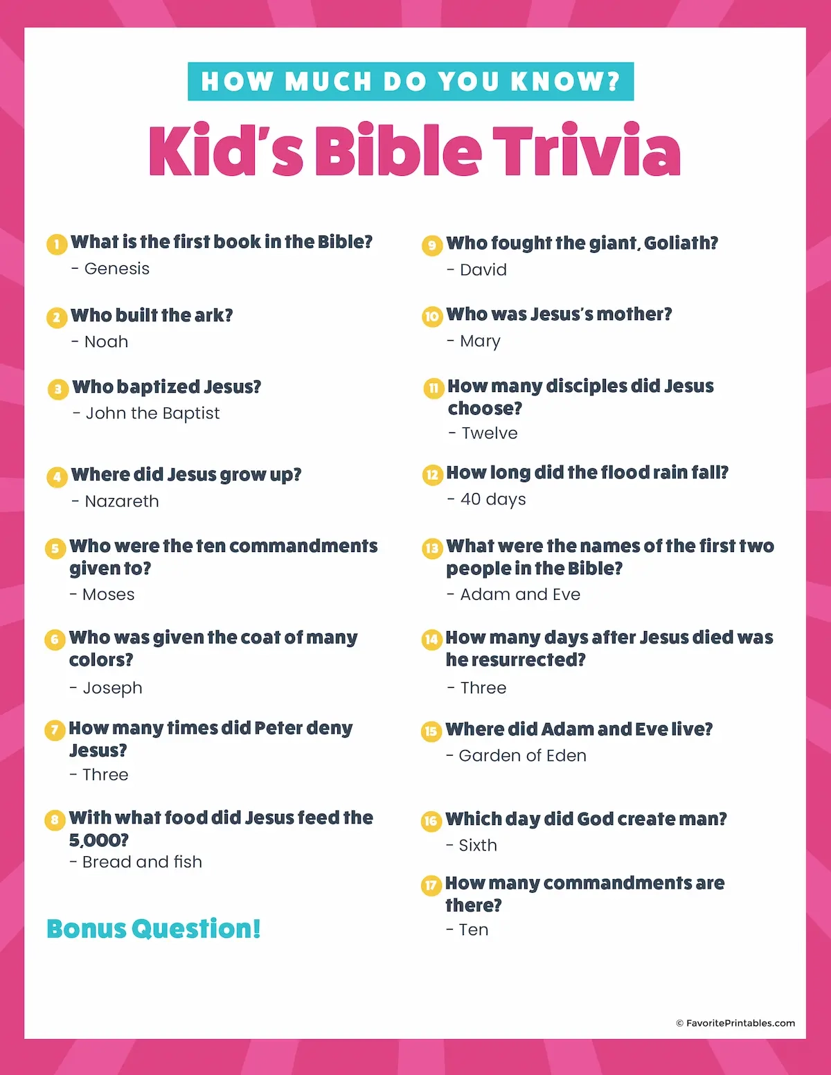 Free Printable Easy Bible Trivia For Kids Favorite Printables