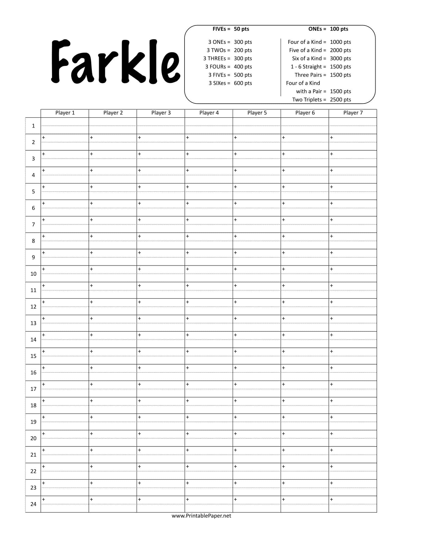 Free Printable Farkele Sheet