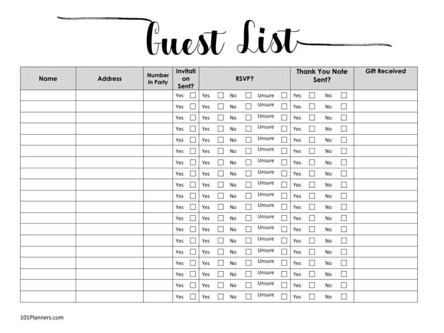 FREE Printable Guest List Template Customize Online