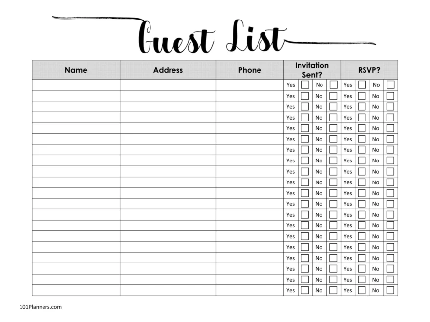 FREE Printable Guest List Template Customize Online