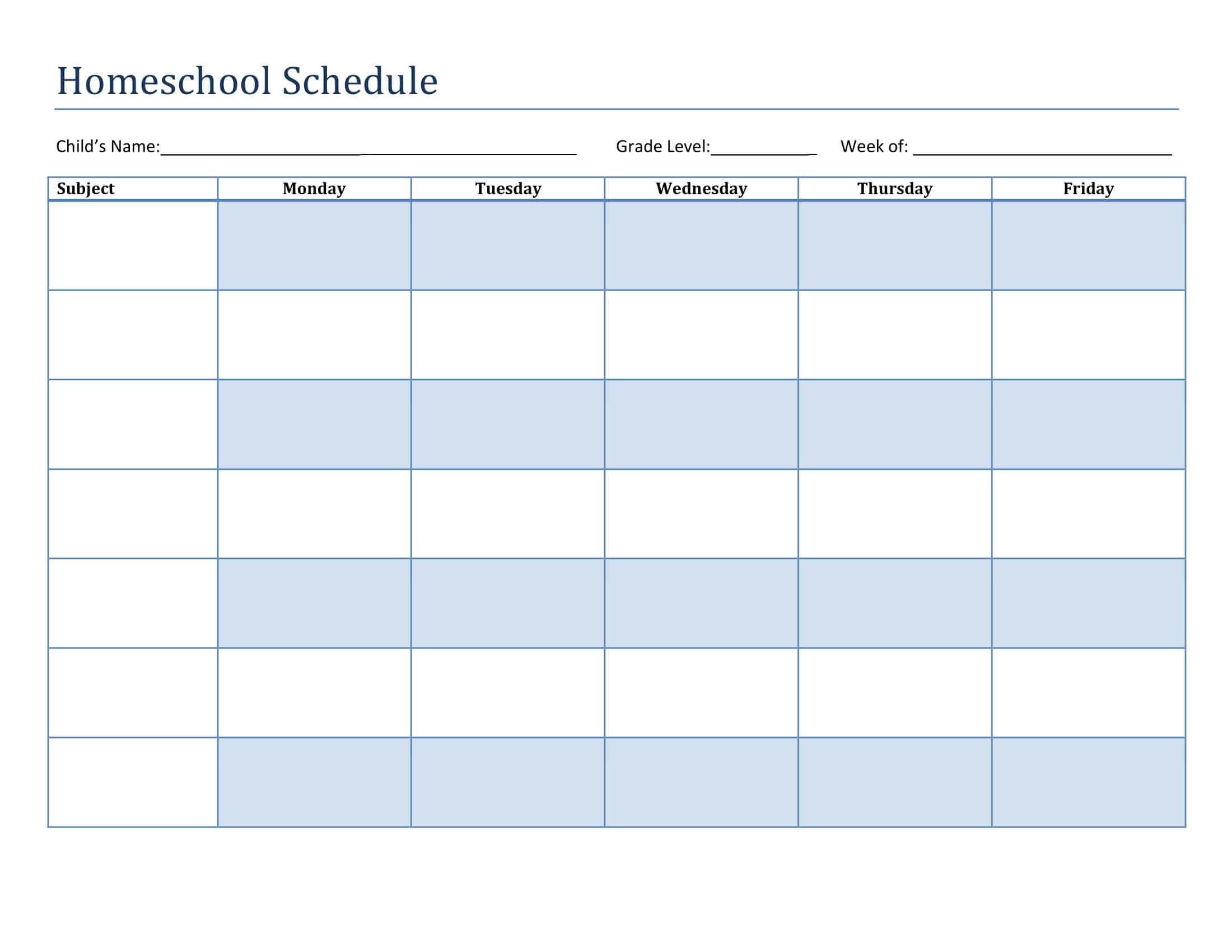Printable Weekly Schedule Homeschool Subject
