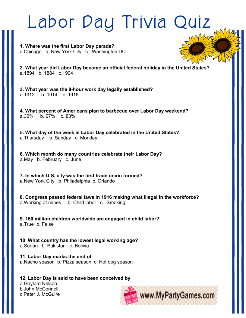 Free Printable Labor Day Trivia Quiz With Answer Key Worksheets Library