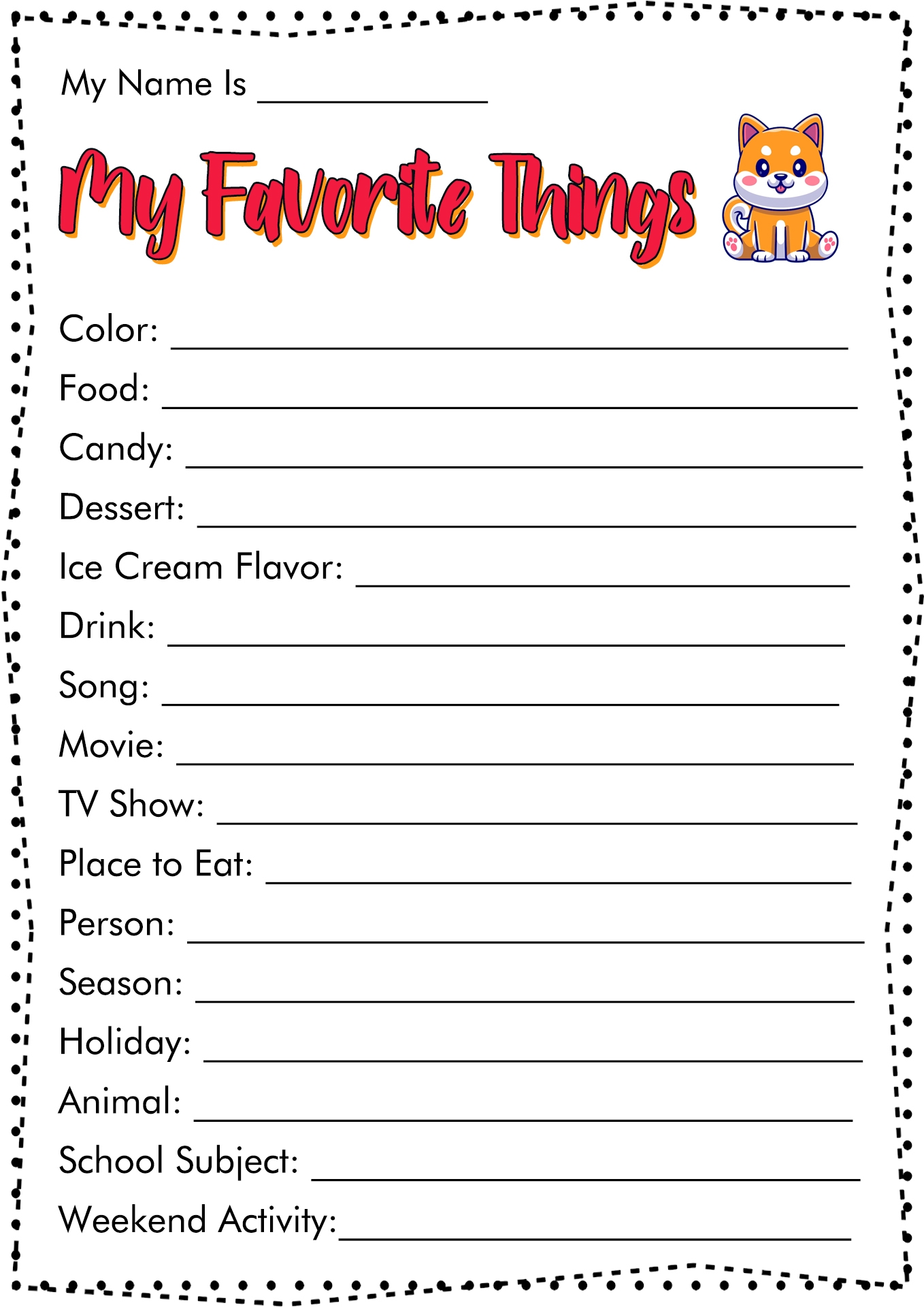 My Favorite Things List Printable