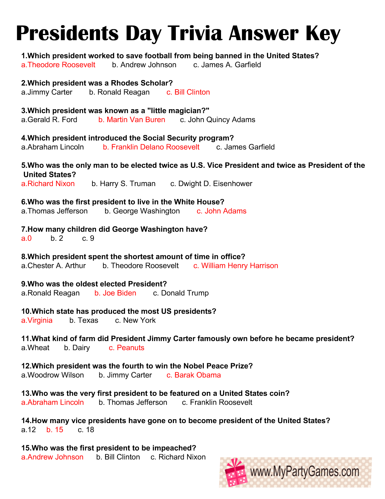 Free Printable Presidents Day Trivia Quiz With Answer Key