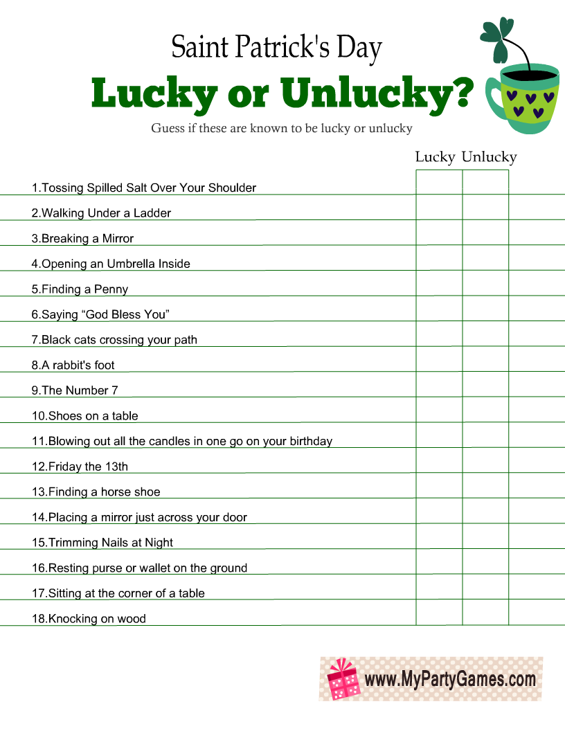 Free Printable Saint Patrick s Day Lucky Or Unlucky Game