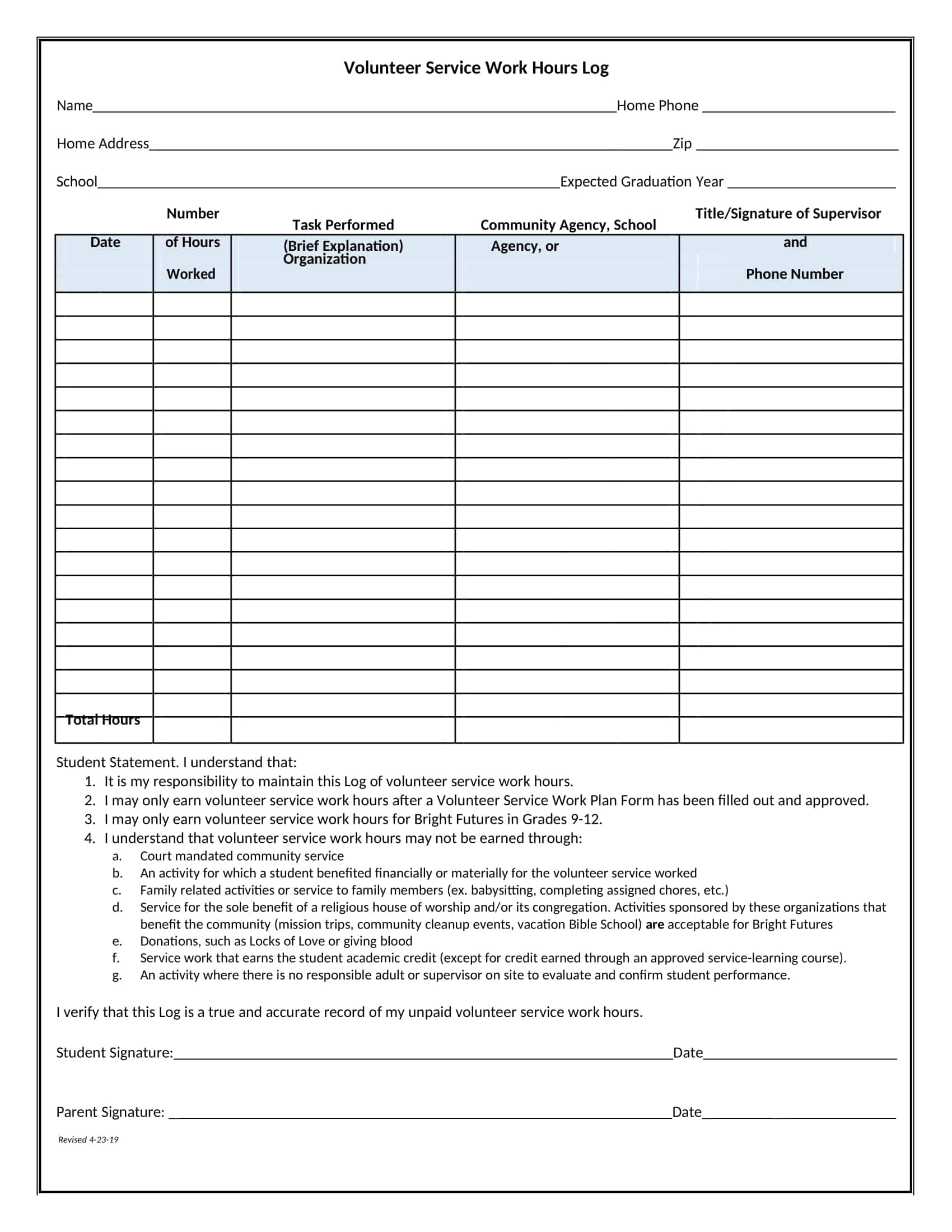 Court Ordered Community Service Sheet Printable