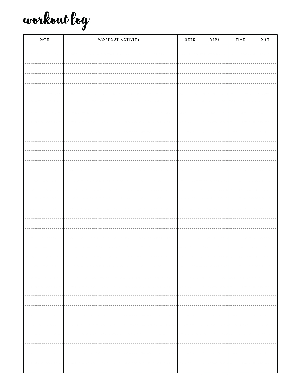 Workout Log Sheet Printable