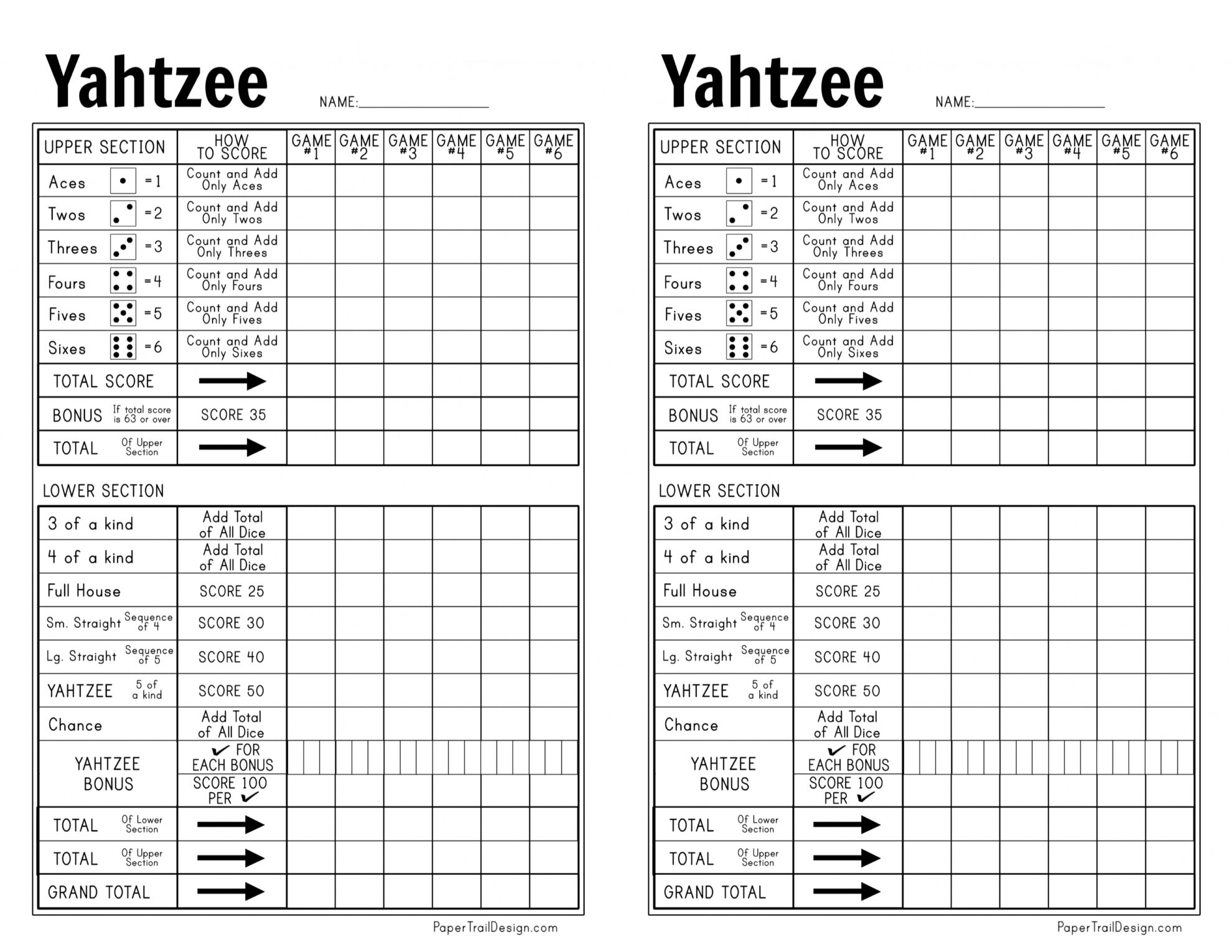 Free Printable Yahtzee Sheet