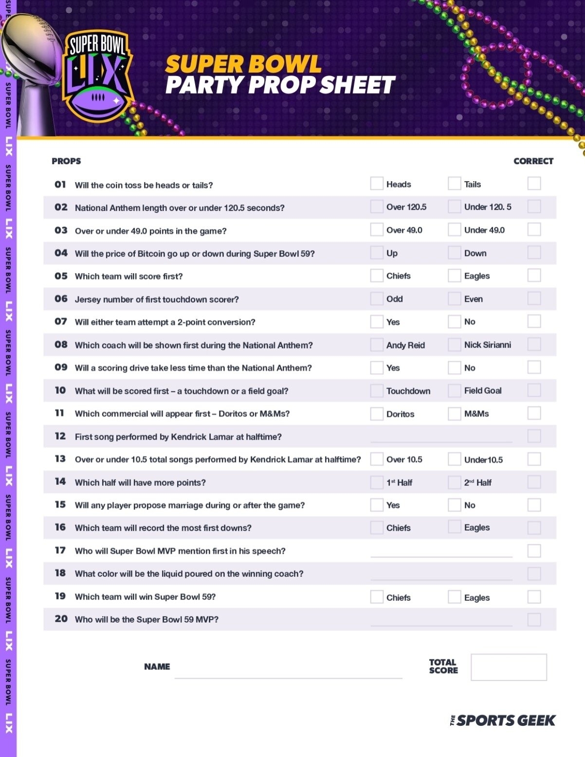 Free Super Bowl Prop Bet Sheet For 2025 Printable 
