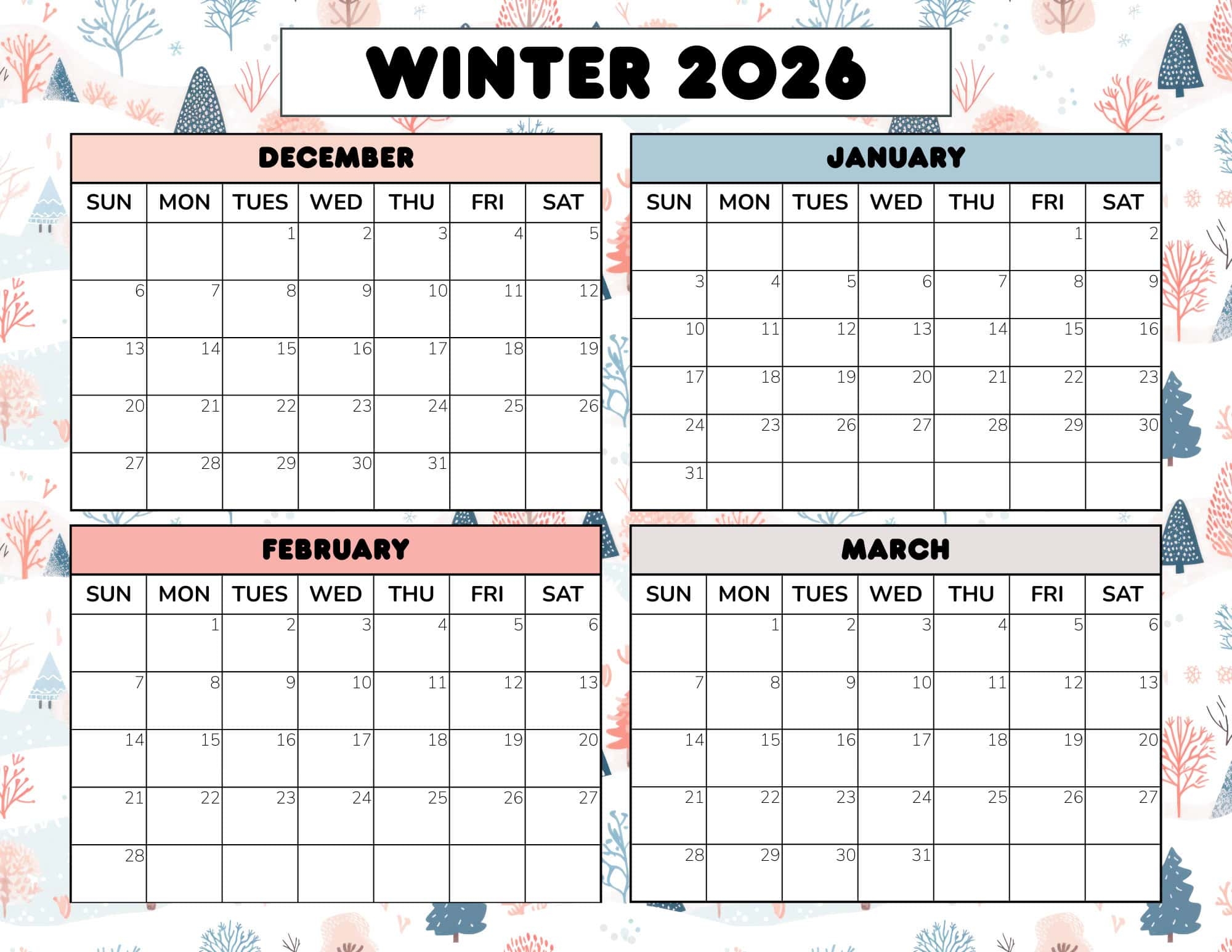 Free Winter Calendar Printable 2025 2026 PDF Free Winter Calendar Printable 2025 2026 PDF