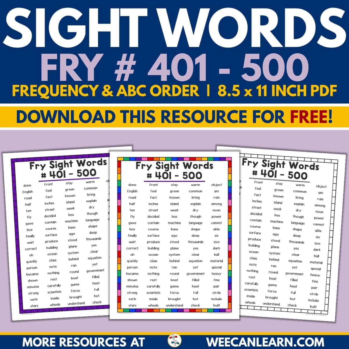 Printable Fry Fifth 100 Word List