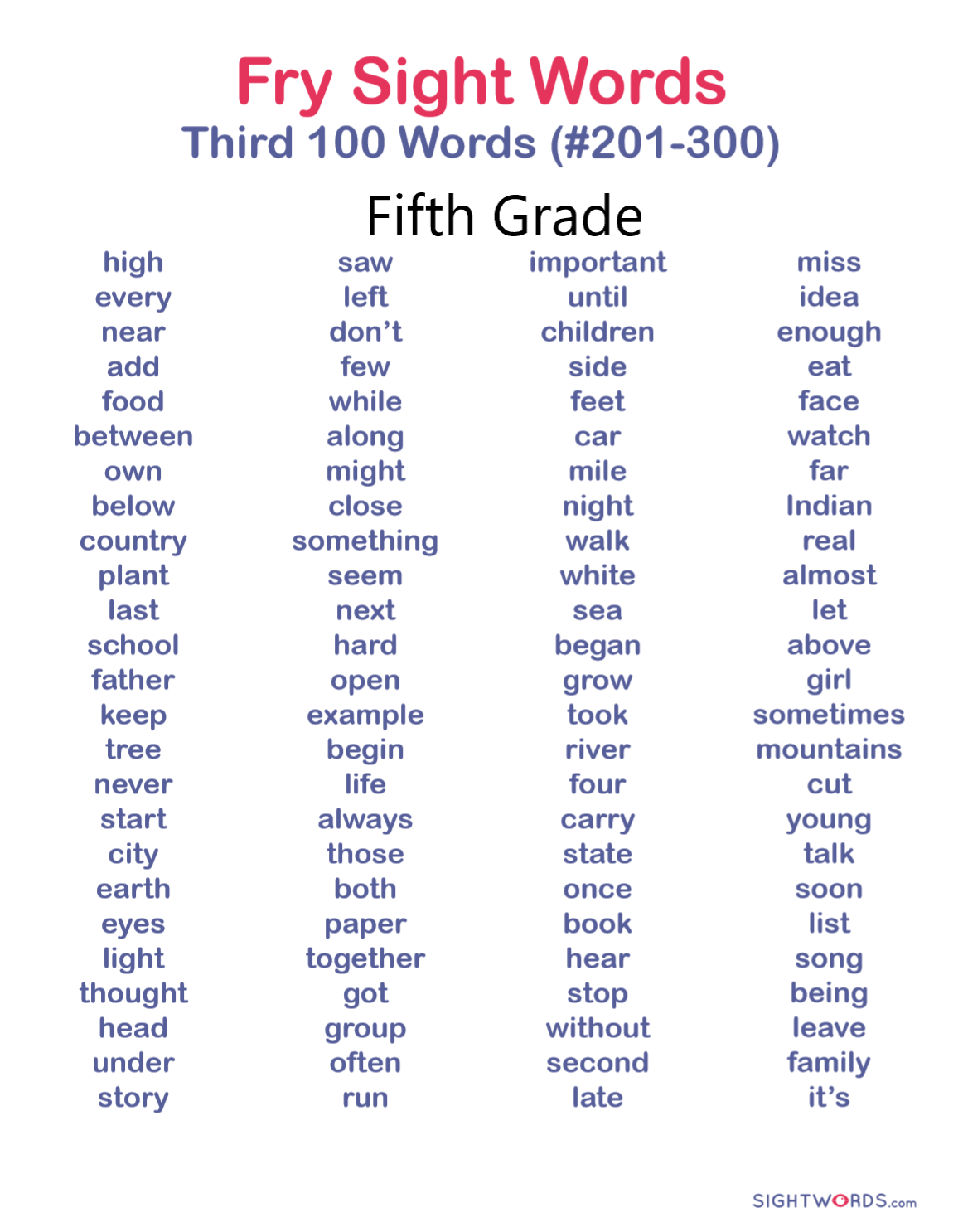 Fry Word List Fifth 100 Printable Sight Word Lists Worksheets Library