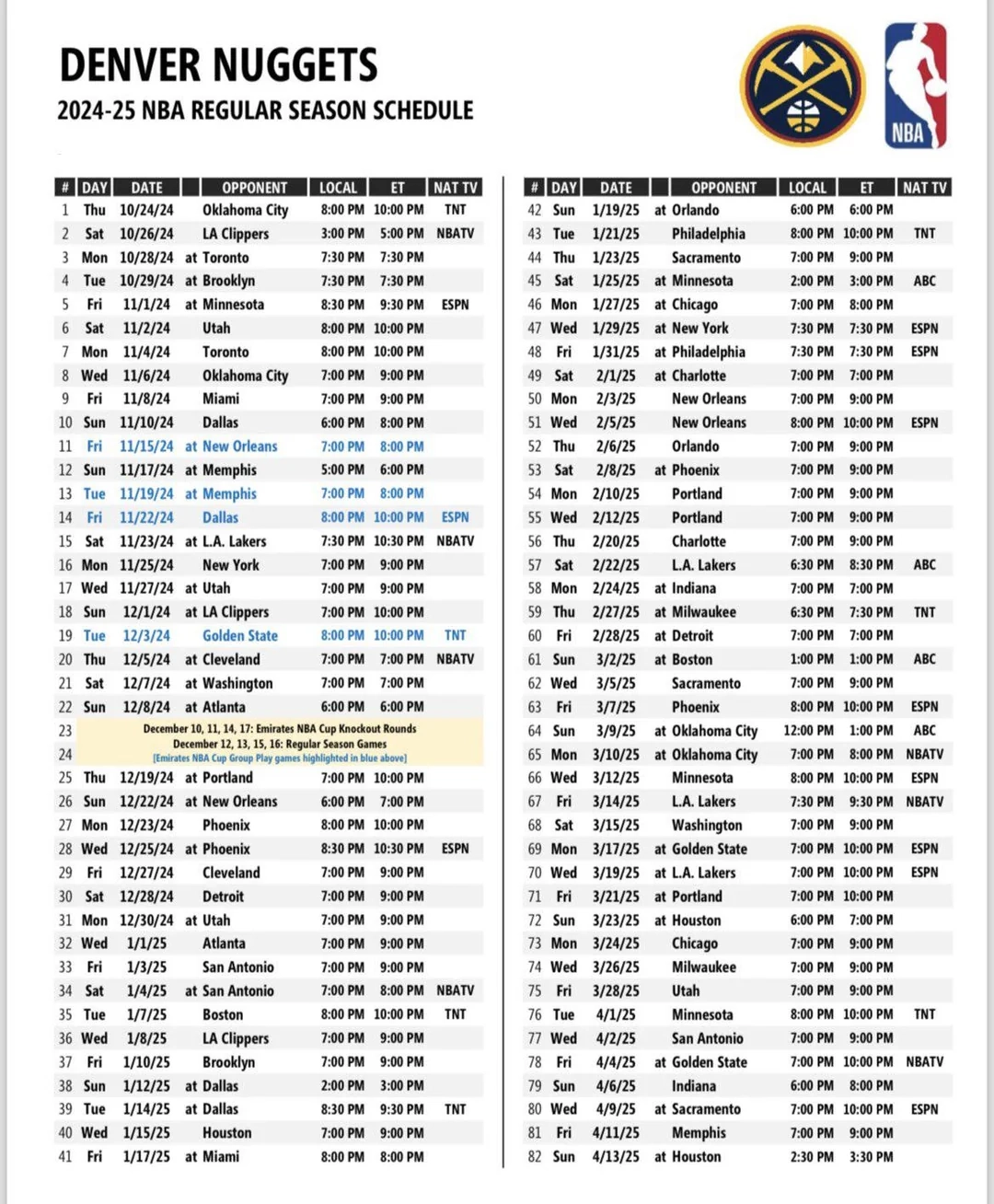 Full 2024 25 Schedule W National TV Games R denvernuggets Full 2024 25 Schedule W National TV Games R denvernuggets
