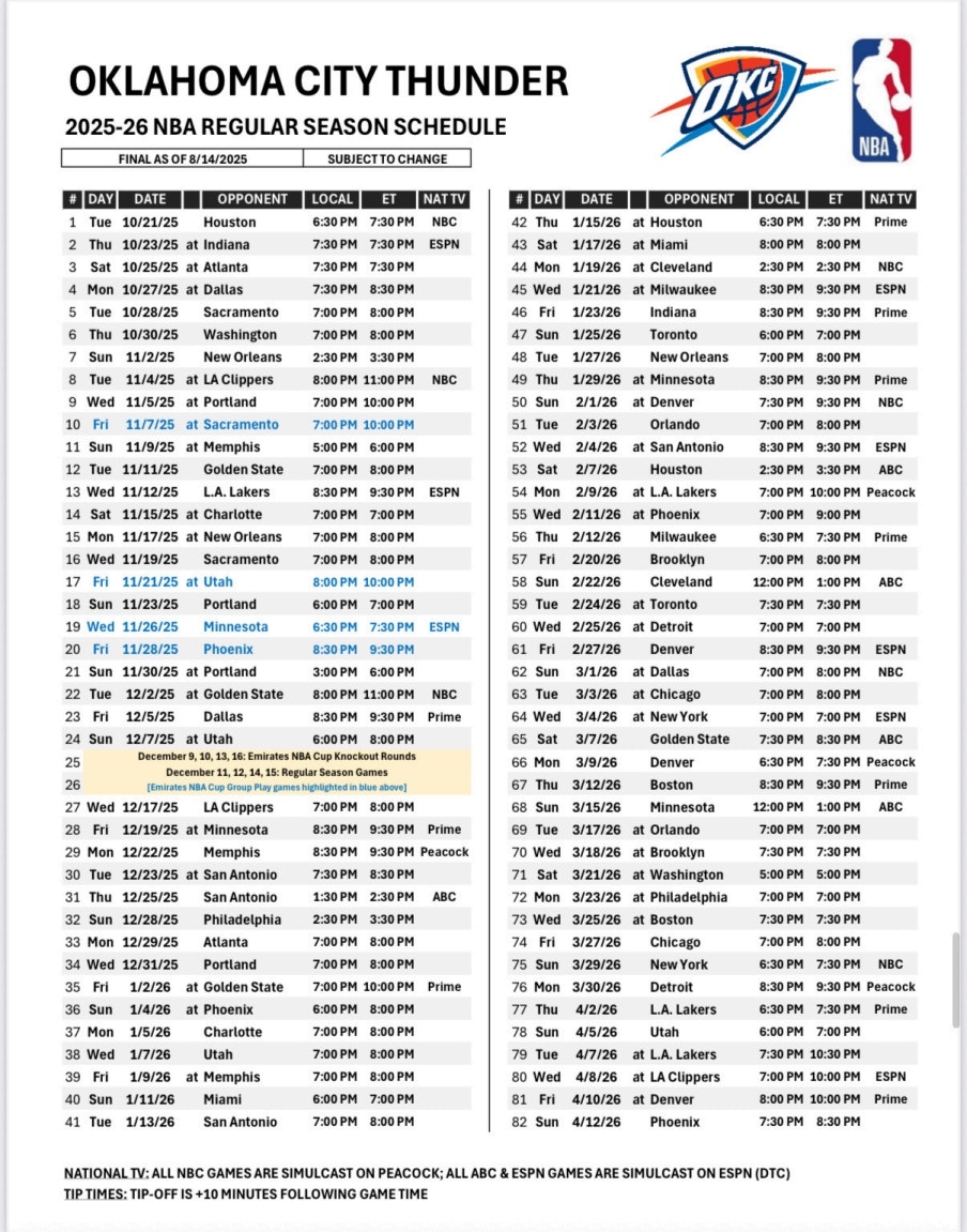 Okc Thunder 2026 Schedule Printable