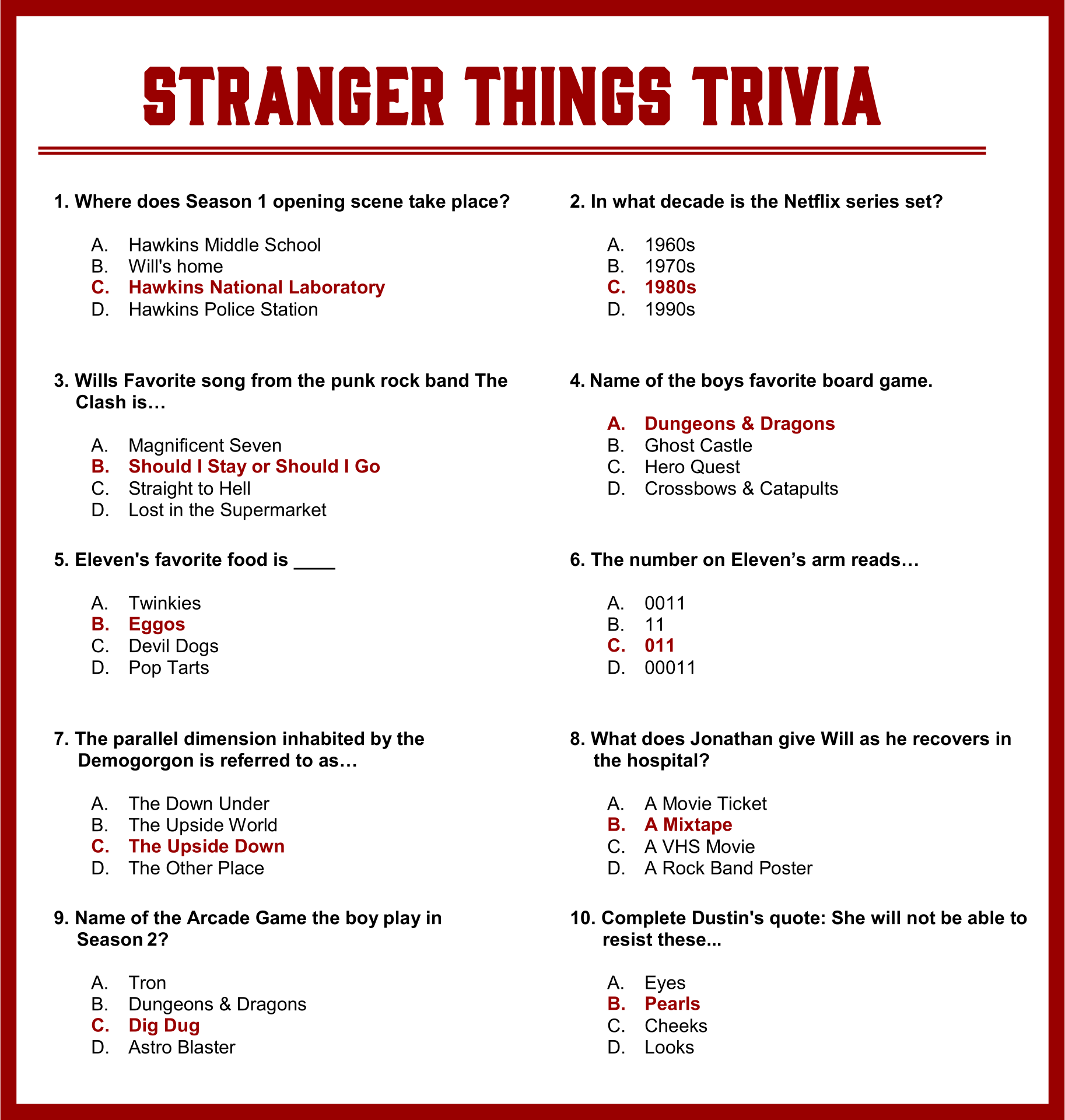 Trivia Sheets Printable 8.5 X 11