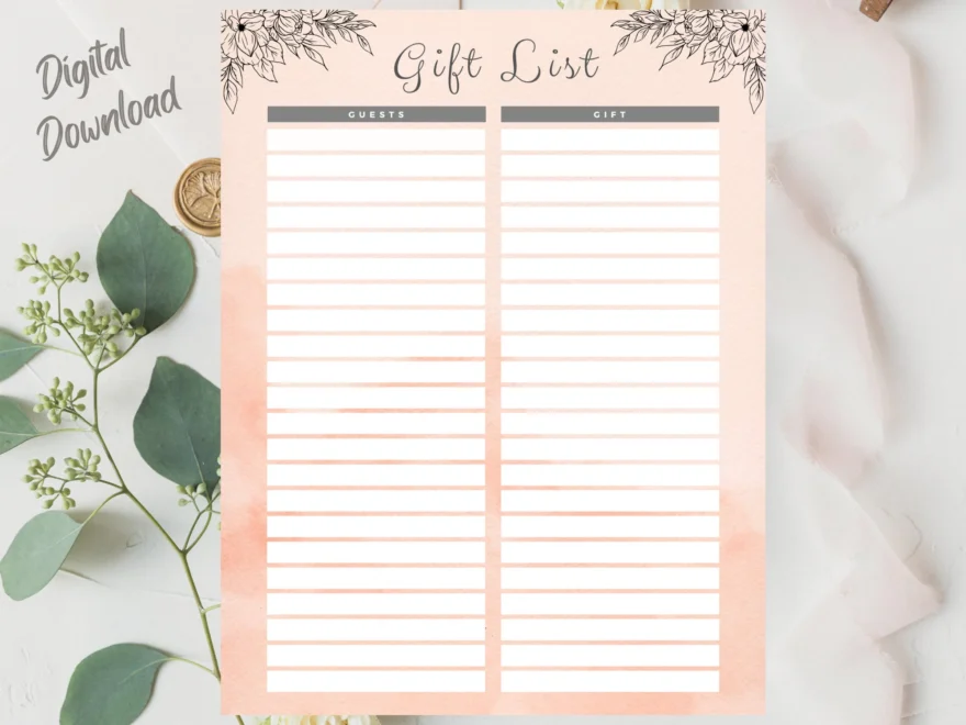 Gift List Gift Tracker Gift Log Weddings Bridal Showers Baby Showers Birthdays Digital Download Printable Floral Accents Etsy