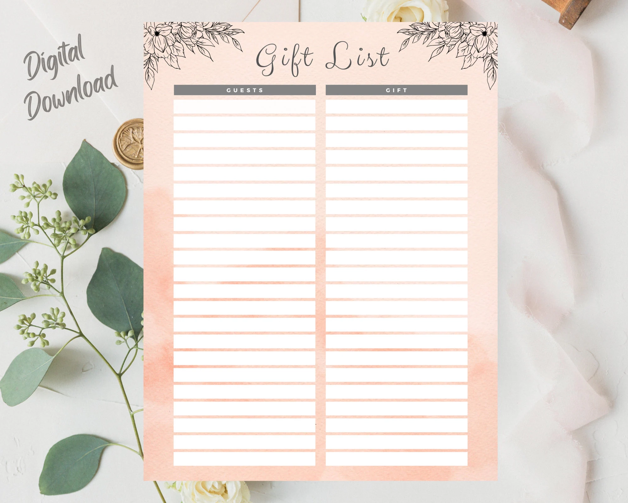 Gift List Gift Tracker Gift Log Weddings Bridal Showers Baby Showers Birthdays Digital Download Printable Floral Accents Etsy