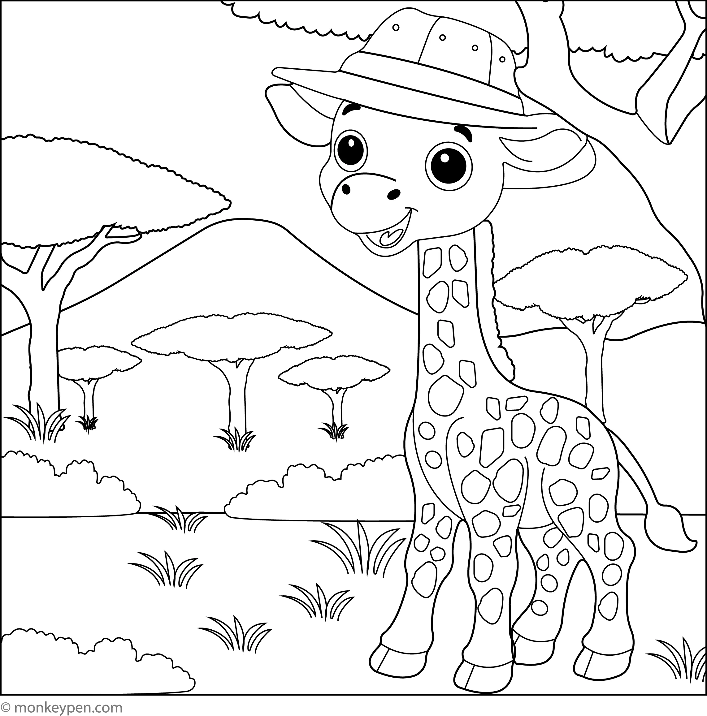 Giraffe In Safari Hat Coloring Sheet Free PDF For Kids
