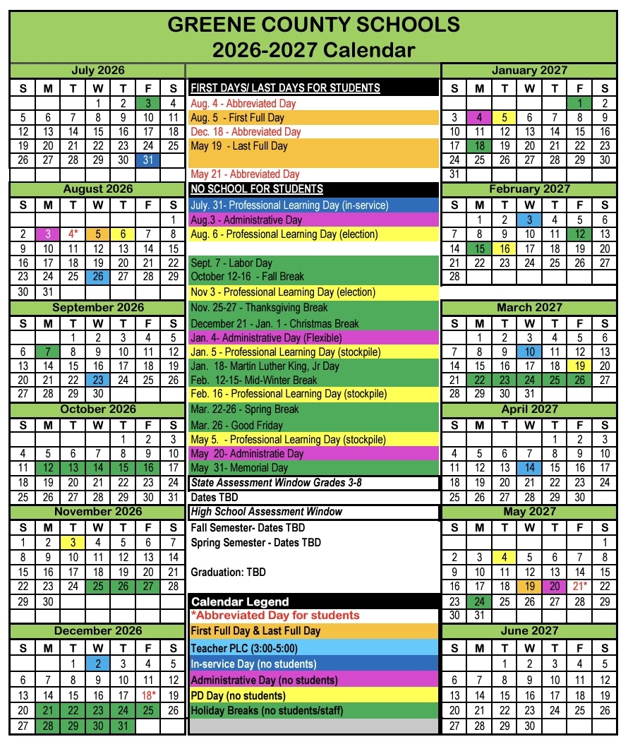 Greene County School System 2026 2027 Calendar WGRV