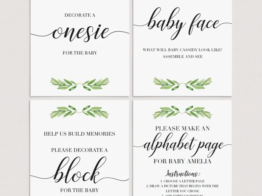 Greenery Baby Shower Activities Printable Table Signs Instant Download LittleSizzle