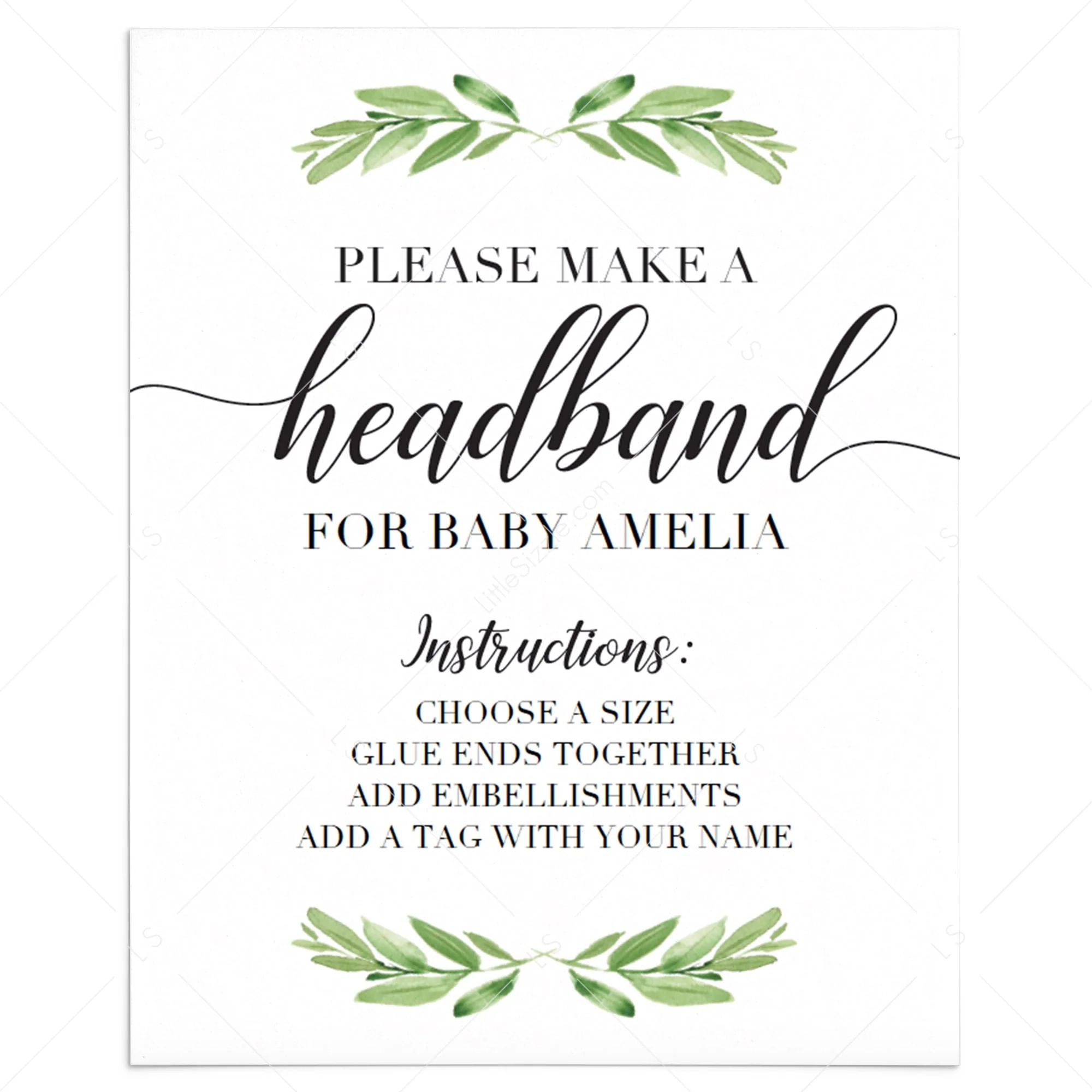 Greenery Headband Station Printable Instructions Sign For Baby Girl Shower LittleSizzle