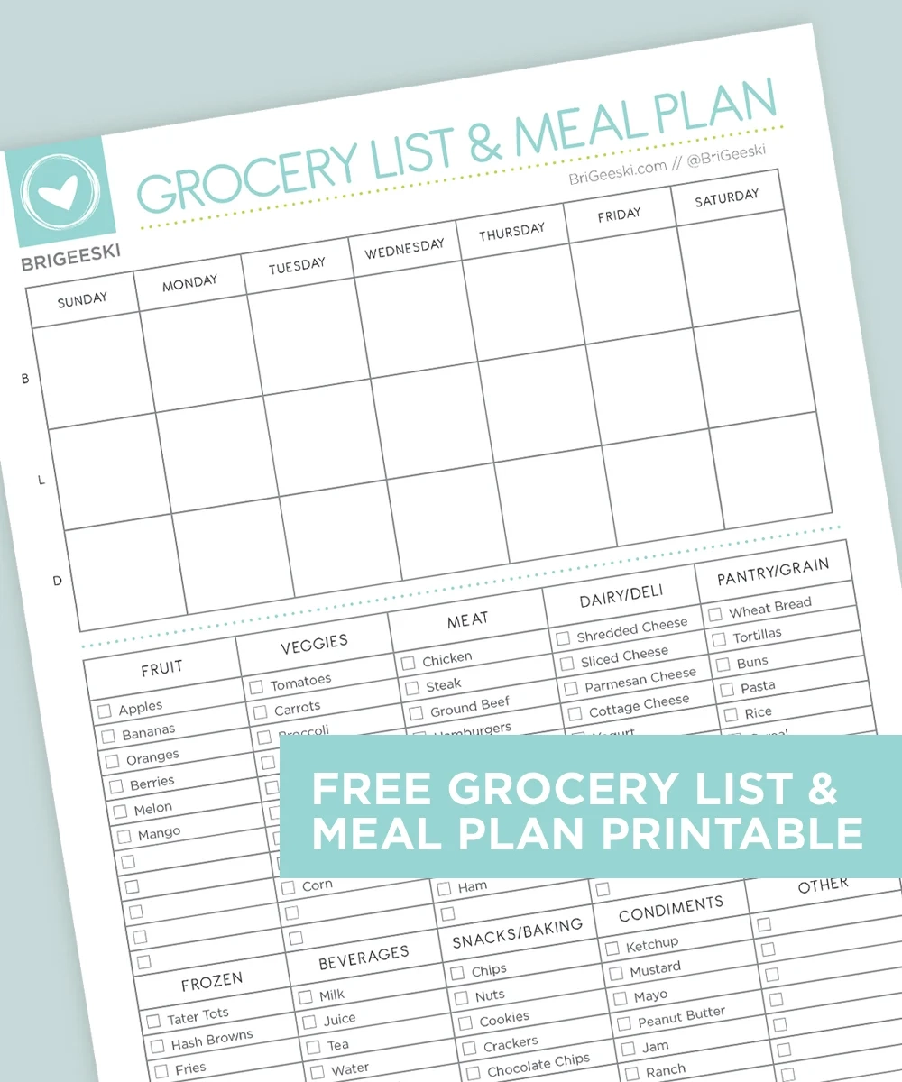 Grocery List And Meal Plan Printable